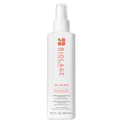 Biolage All-In-One Multi-Benefit Spray bottle shows lightweight conditioning and heat protection.
