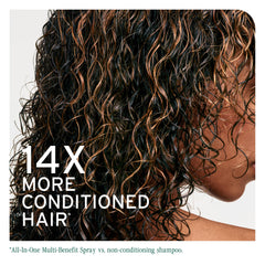 Closeup of Biolage All-In-One spray dispenser highlighting quick, even distribution.