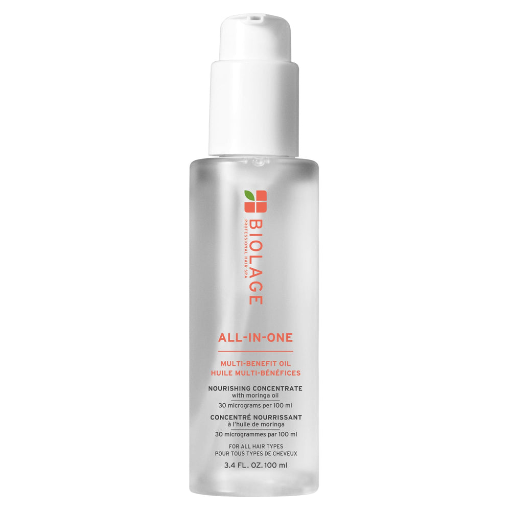 Biolage All-In-One Styling Oil bottle showing lightweight hydration for all hair types