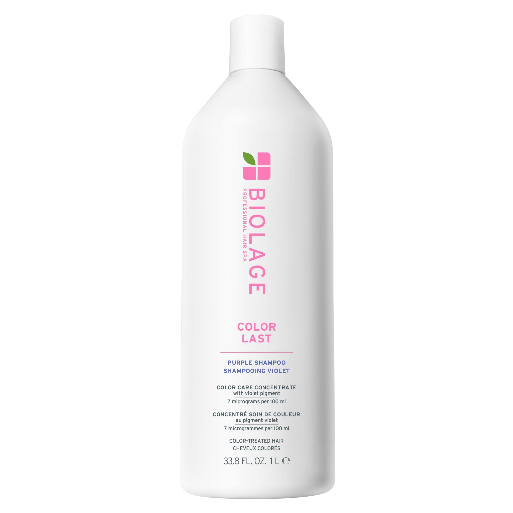 Biolage Color Last Purple Shampoo bottle showing pigment neutralizing brass