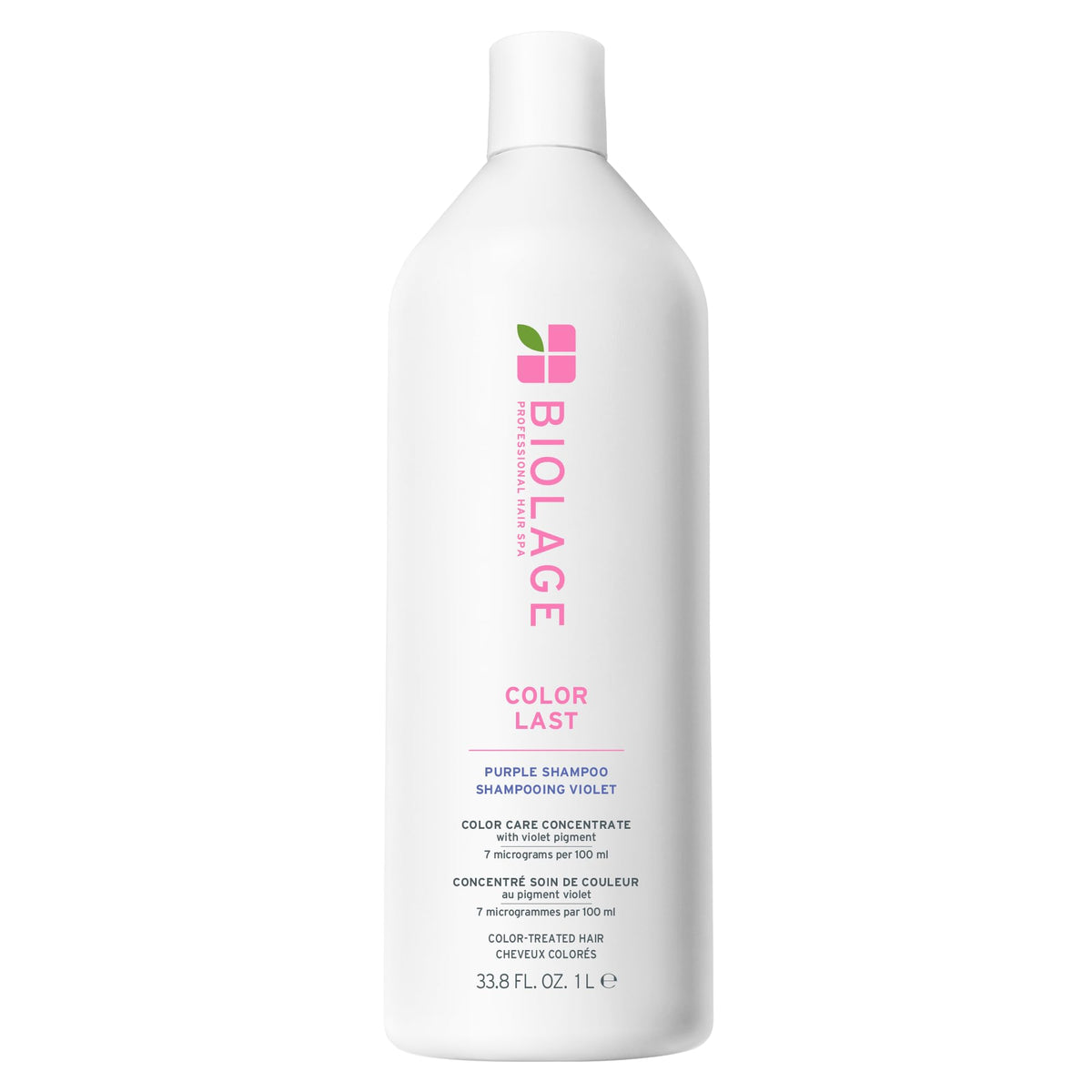 Biolage Color Last Purple Shampoo bottle showing pigment neutralizing brass