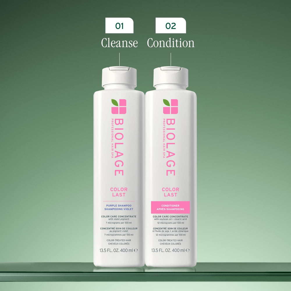 Biolage Color Last Purple Shampoo swirling purple pigments to refresh brass