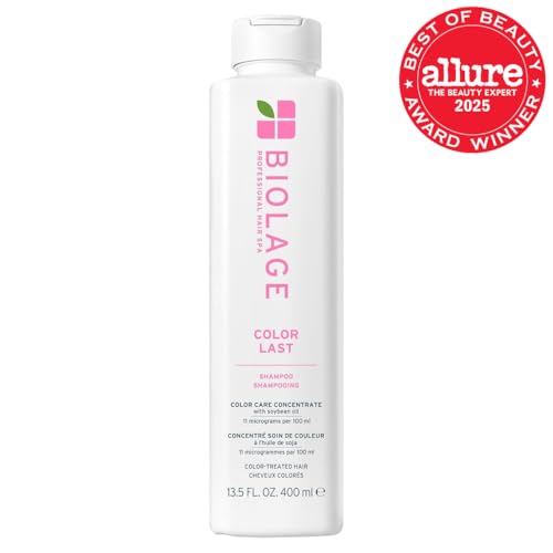 Biolage Color Last Shampoo pump close-up highlights a gentle, low-pH cleanse.