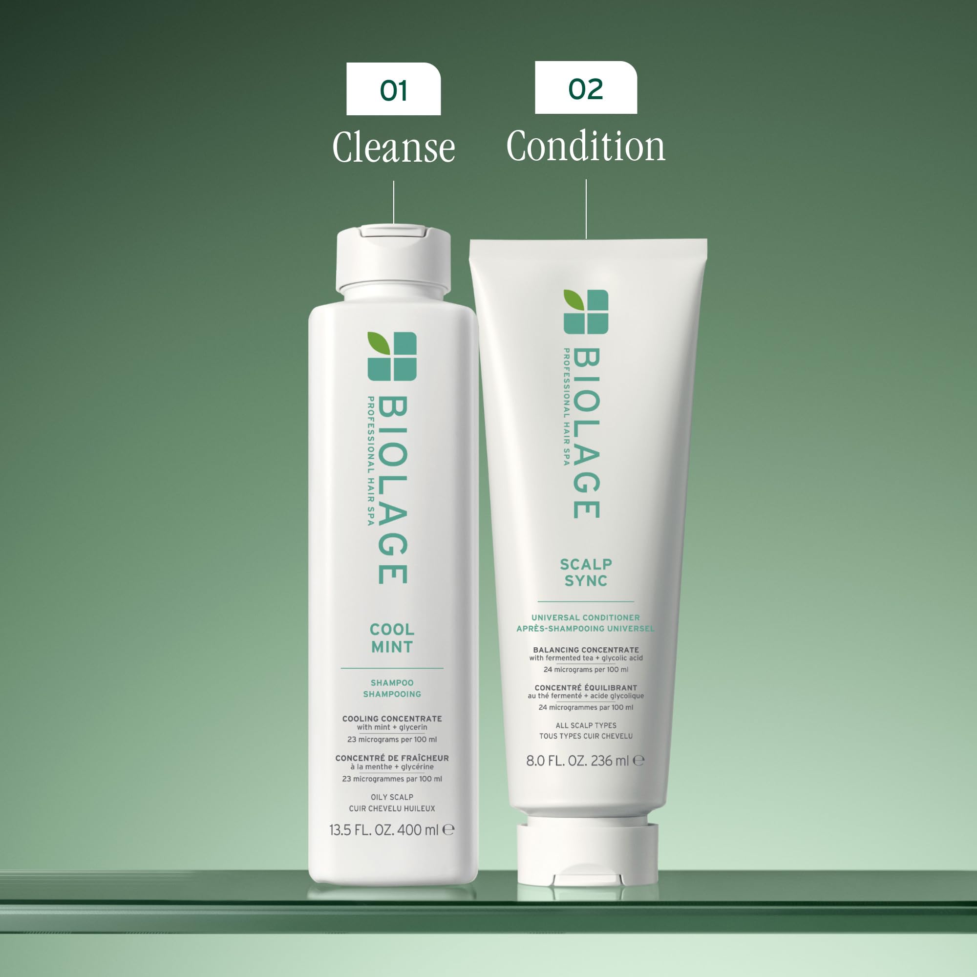 Mint leaves accents Biolage packaging signaling cooling sensation.