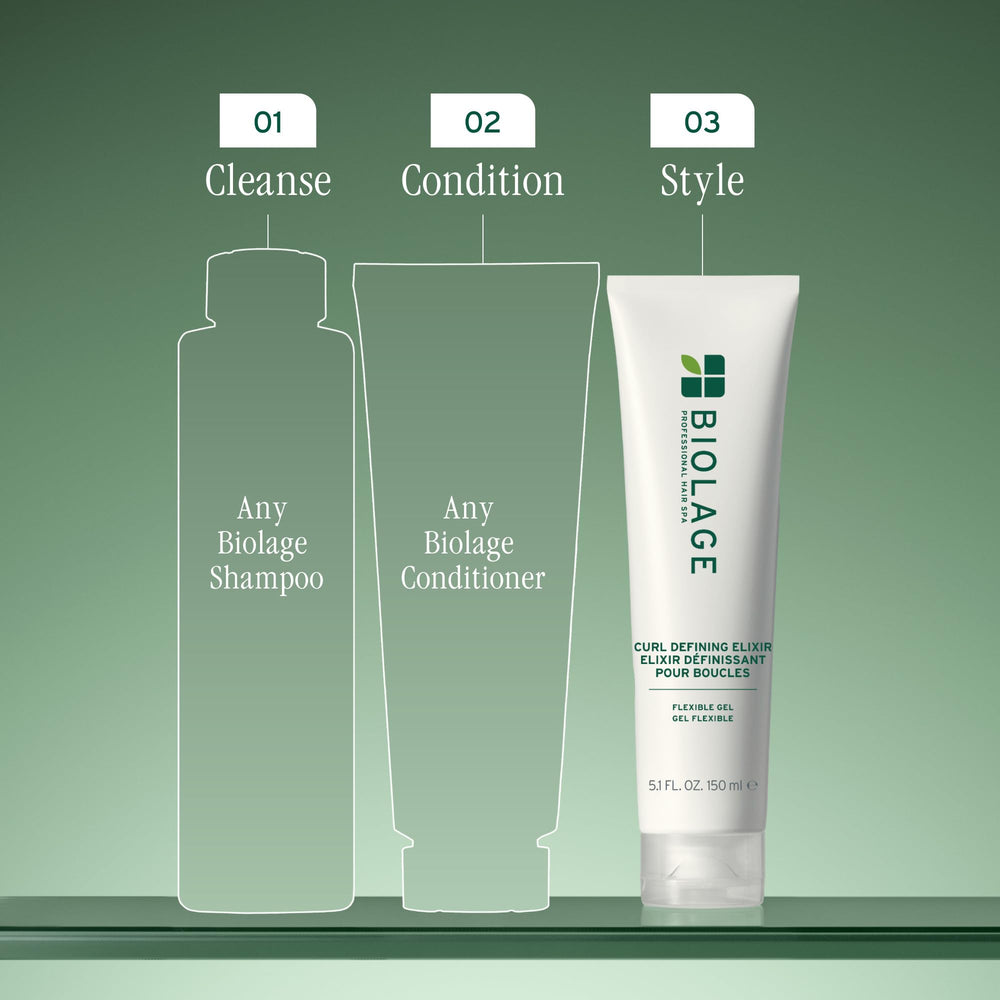 Biolage Curl Defining Elixir bottle with eco packaging emphasizes recycled content.