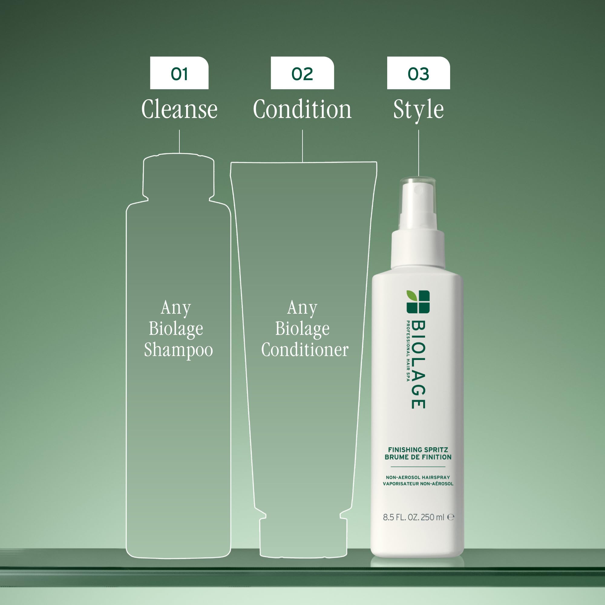 Biolage Finishing Spritz applied from 8-12 inches for even, controlled hold.