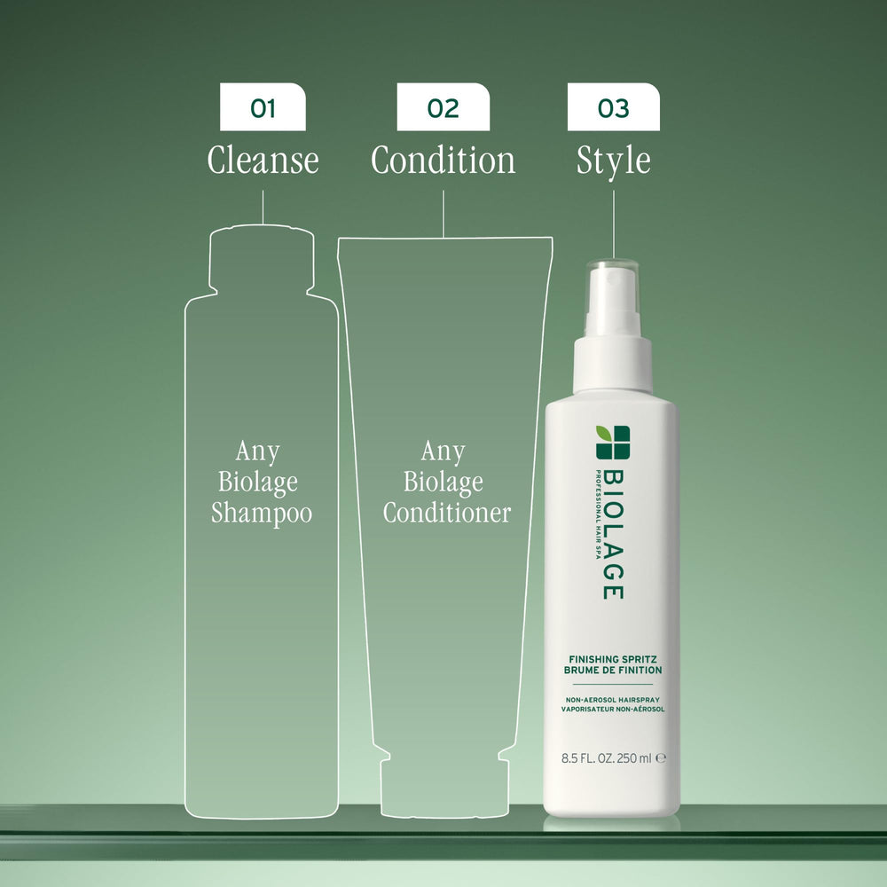 Biolage Finishing Spritz applied from 8-12 inches for even, controlled hold.