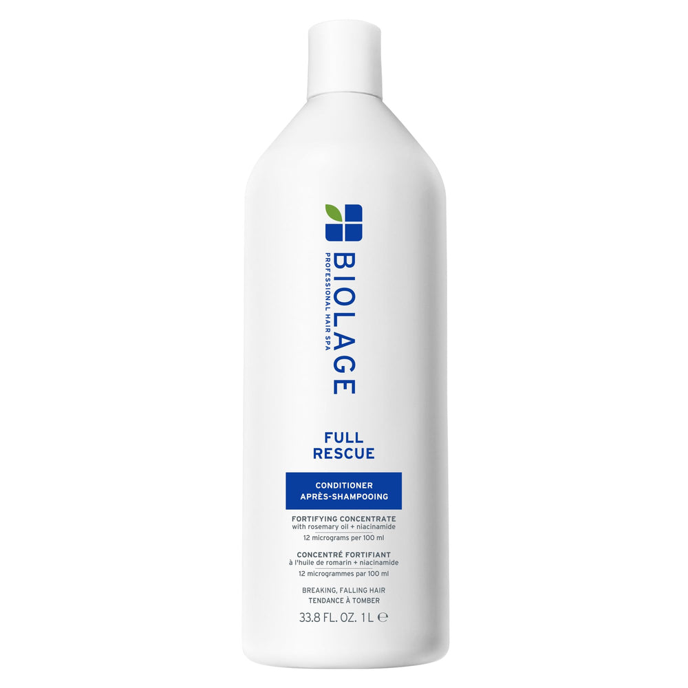 Biolage Full Rescue Conditioner bottle close-up showing vegan formula for thinning hair.