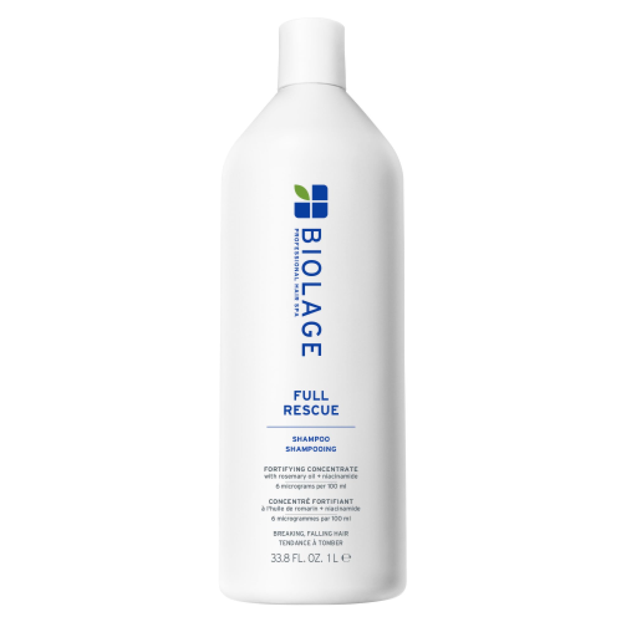Biolage Full Rescue Shampoo bottle front shows vegan formula for gentle cleansing.