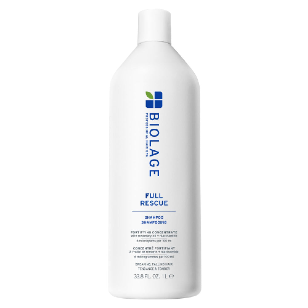 Biolage Full Rescue Shampoo bottle front shows vegan formula for gentle cleansing.