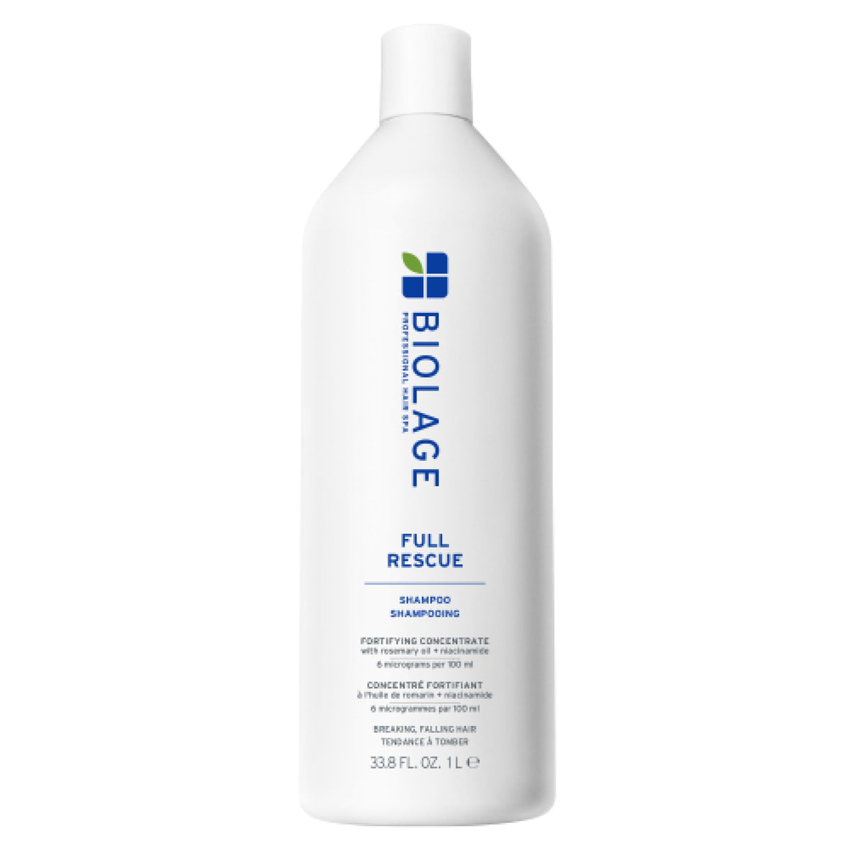 Biolage Full Rescue Shampoo bottle front shows vegan formula for gentle cleansing.