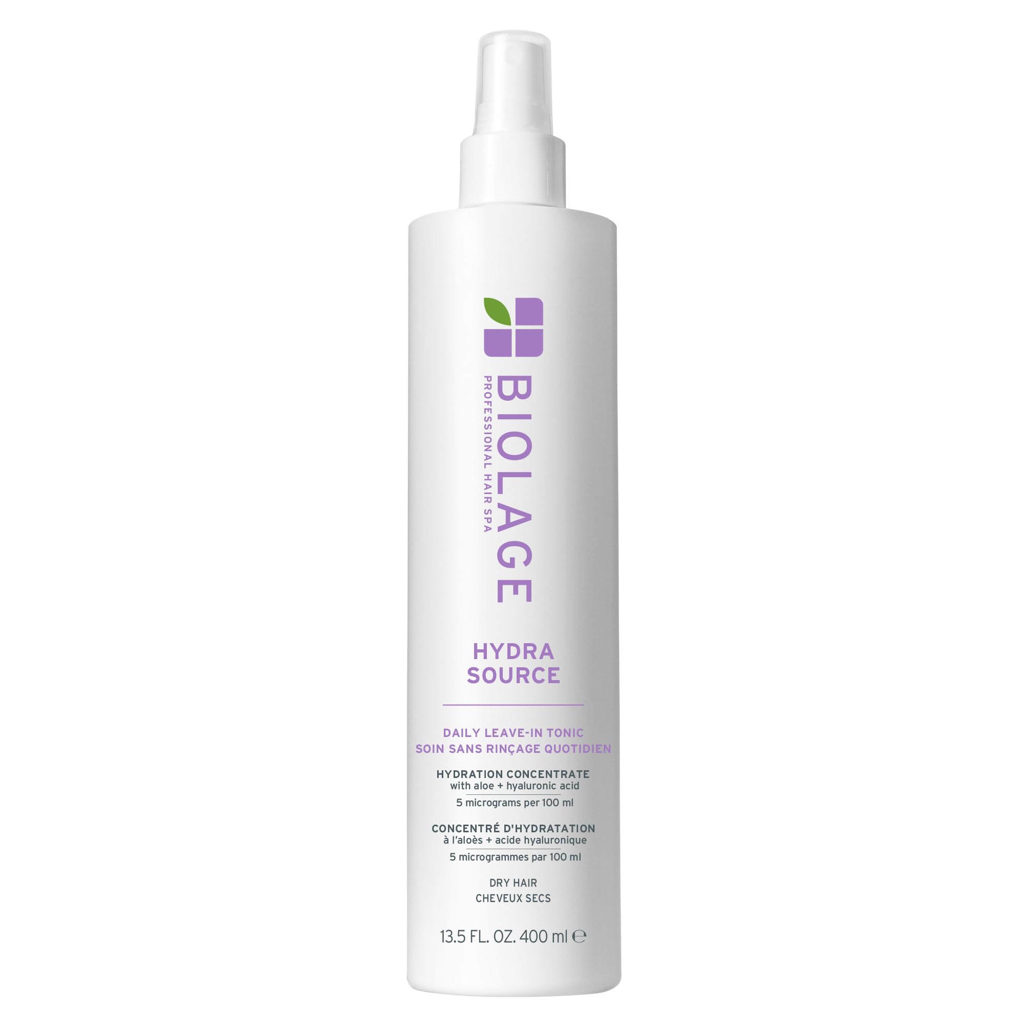 Biolage Hydra Source Daily Leave-In Tonic bottle close-up showing hydration