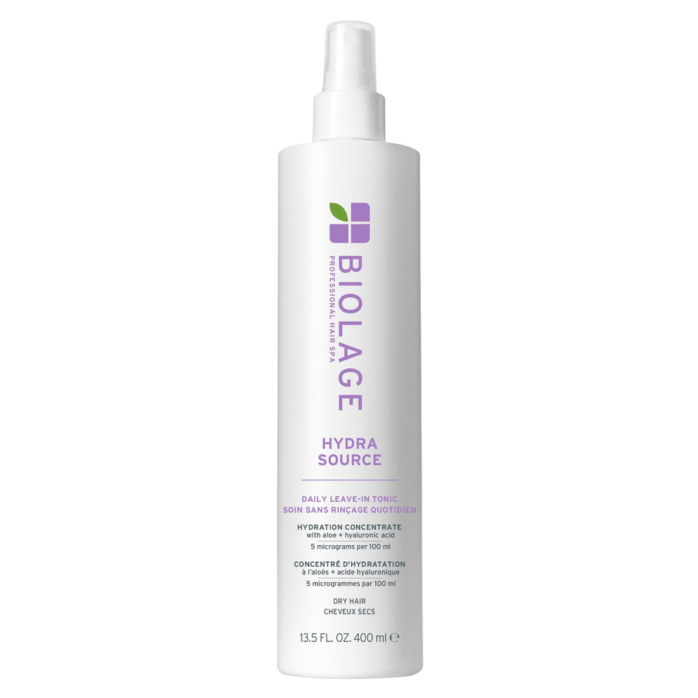 Biolage Hydra Source Daily Leave-In Tonic bottle close-up showing hydration