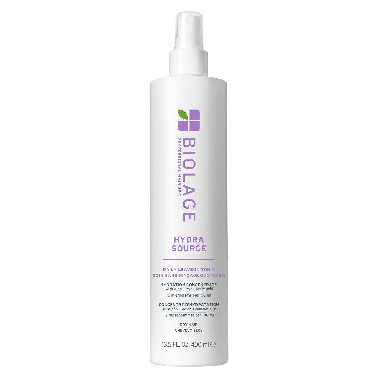 Biolage Hydra Source Daily Leave-In Tonic bottle close-up showing hydration
