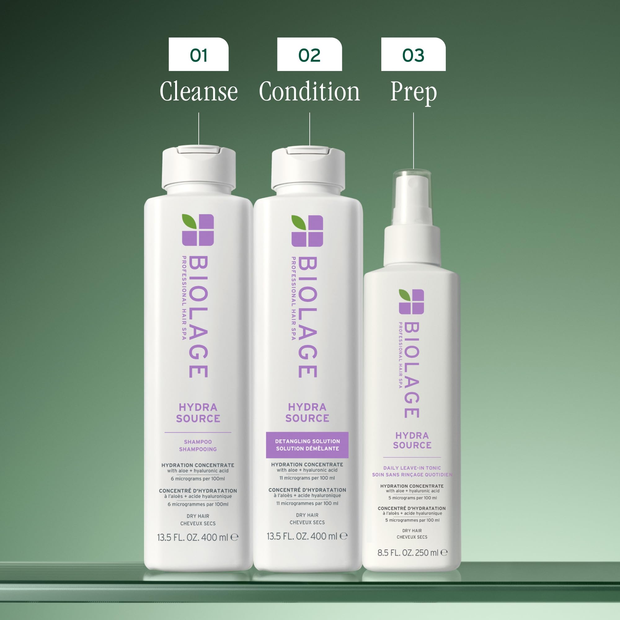 Biolage Hydra Source bottle on bathroom shelf display