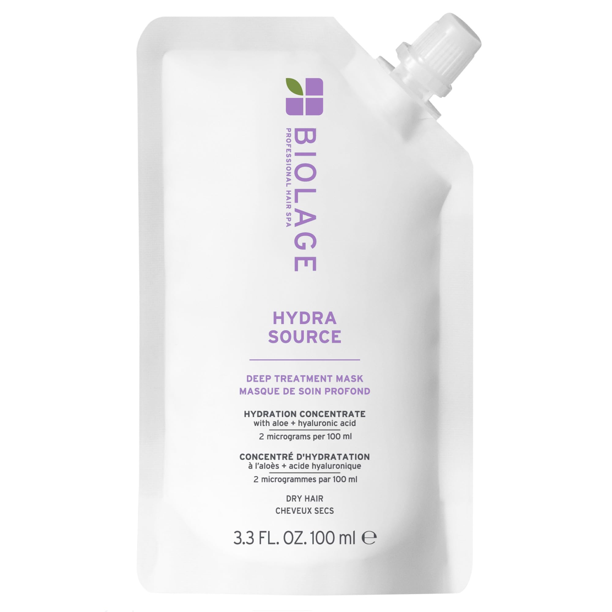 Biolage Hydra Source Deep Treatment Mask bottle closeup highlights intense hydration for dry hair.