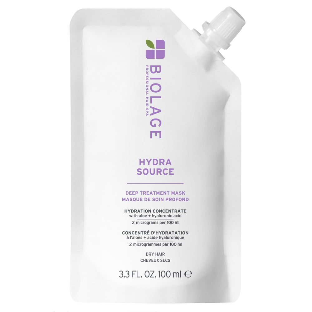 Biolage Hydra Source Deep Treatment Mask bottle closeup highlights intense hydration for dry hair.