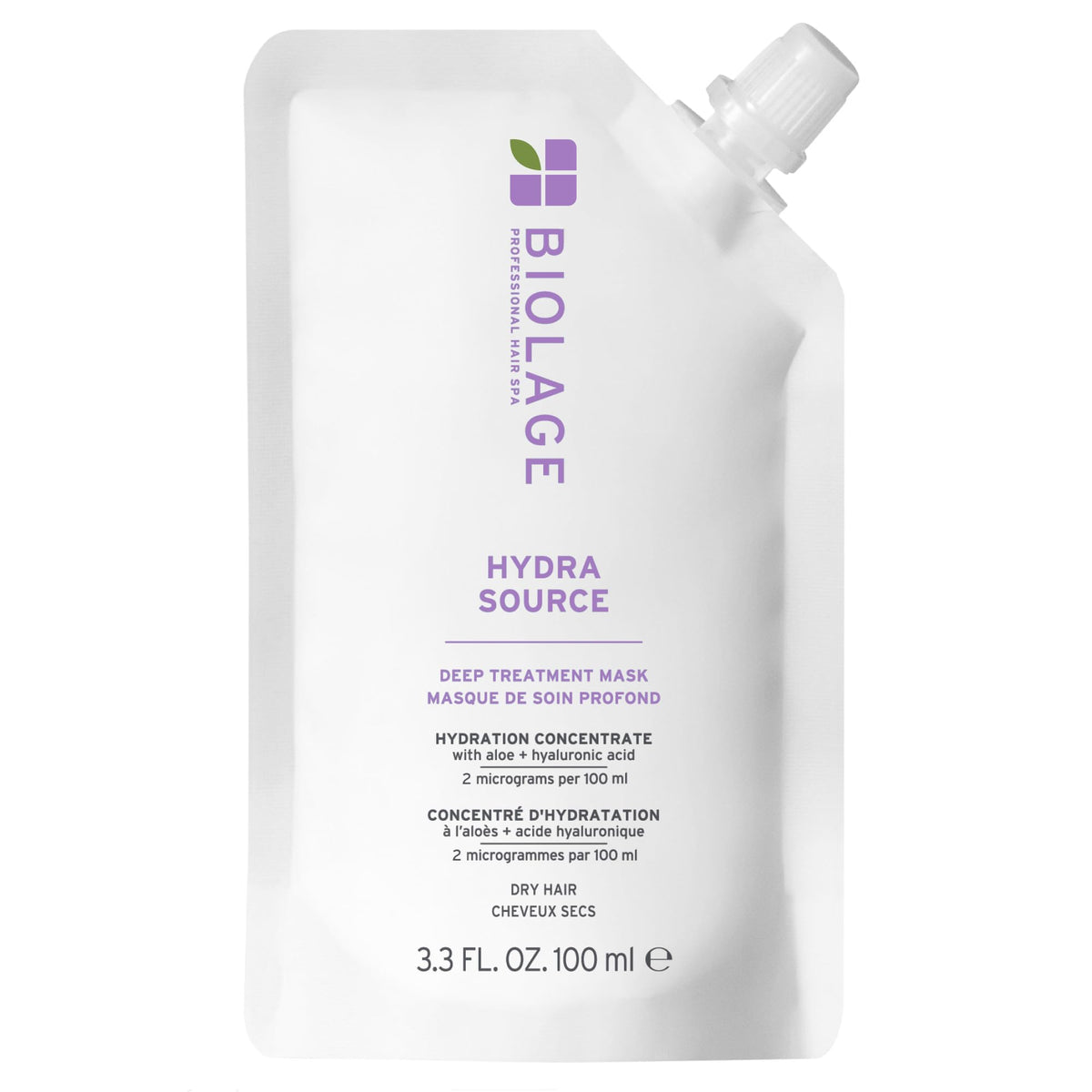 Biolage Hydra Source Deep Treatment Mask bottle closeup highlights intense hydration for dry hair.