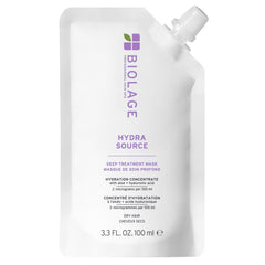 Biolage Hydra Source Deep Treatment Mask bottle closeup highlights intense hydration for dry hair.