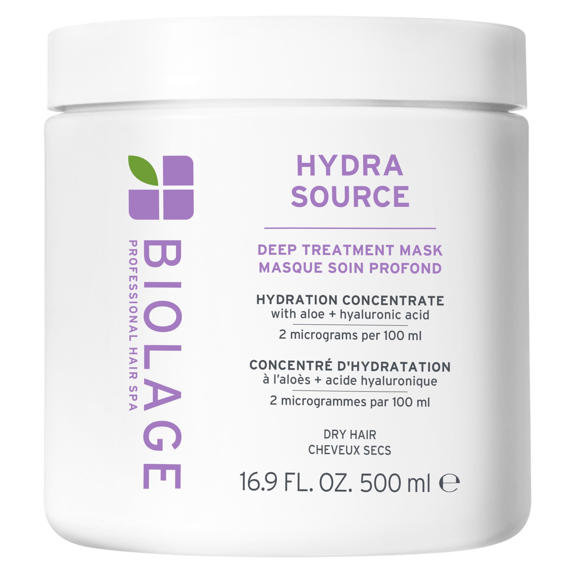 Biolage Hydra Source Deep Treatment Mask packaging highlights vegan, paraben-free formula.