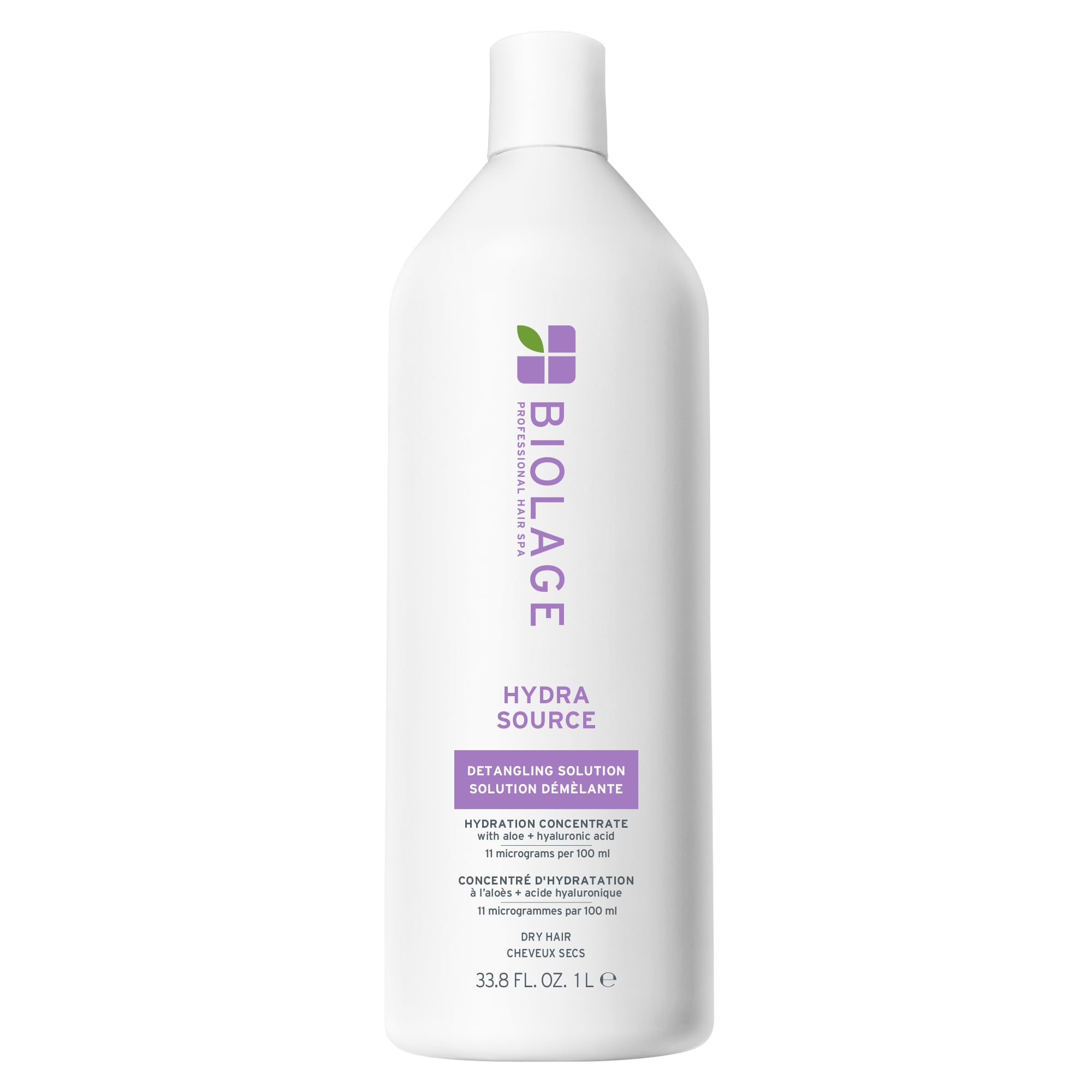 Biolage Hydra Source Detangling bottle pour showing easy dispense for instant hydration.