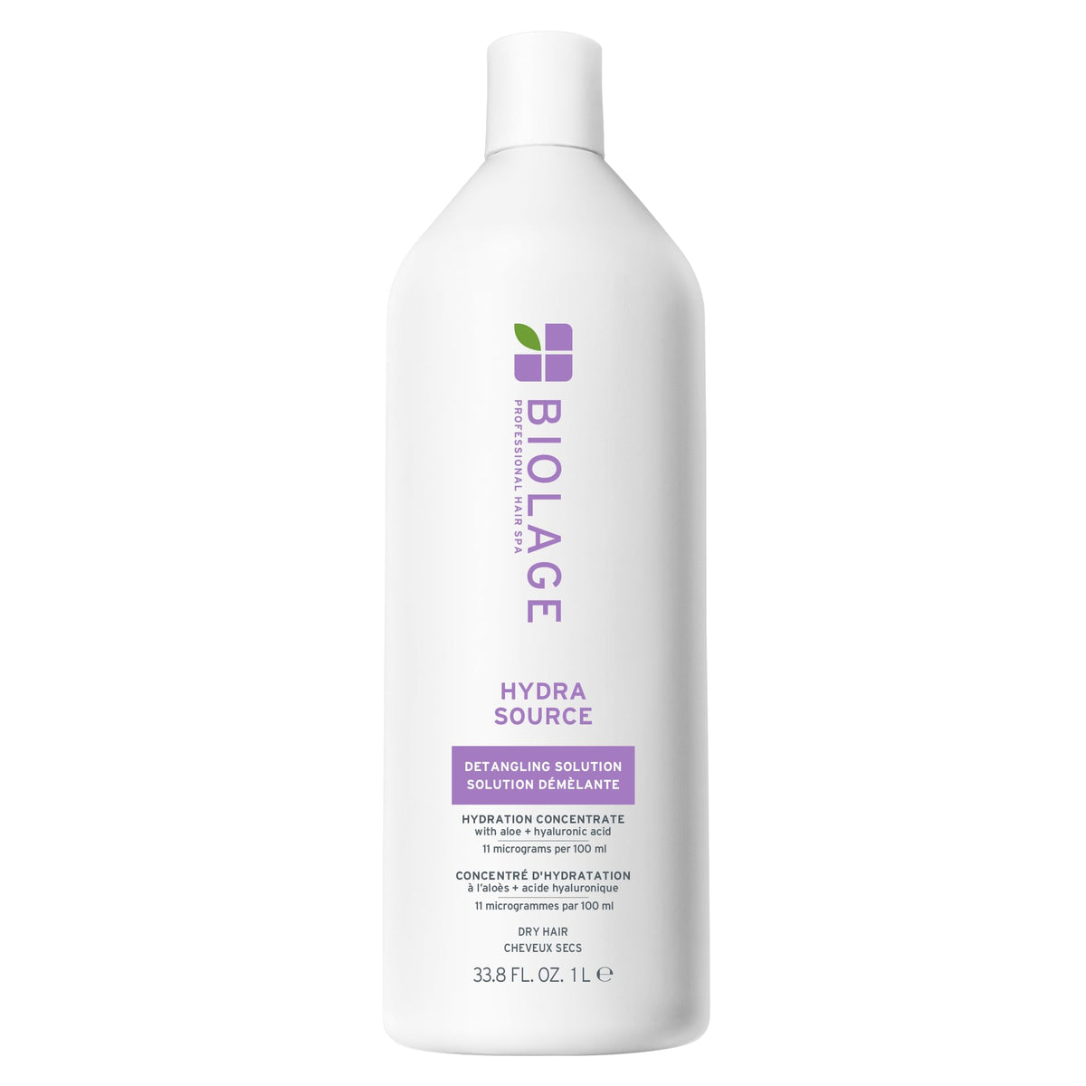 Biolage Hydra Source Detangling bottle pour showing easy dispense for instant hydration.