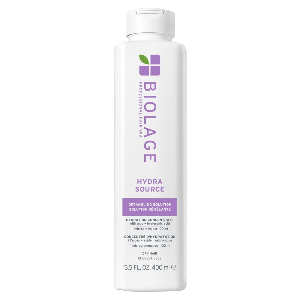 Biolage Hydra Source Detangling Solution bottle front showing hydration-focused formula