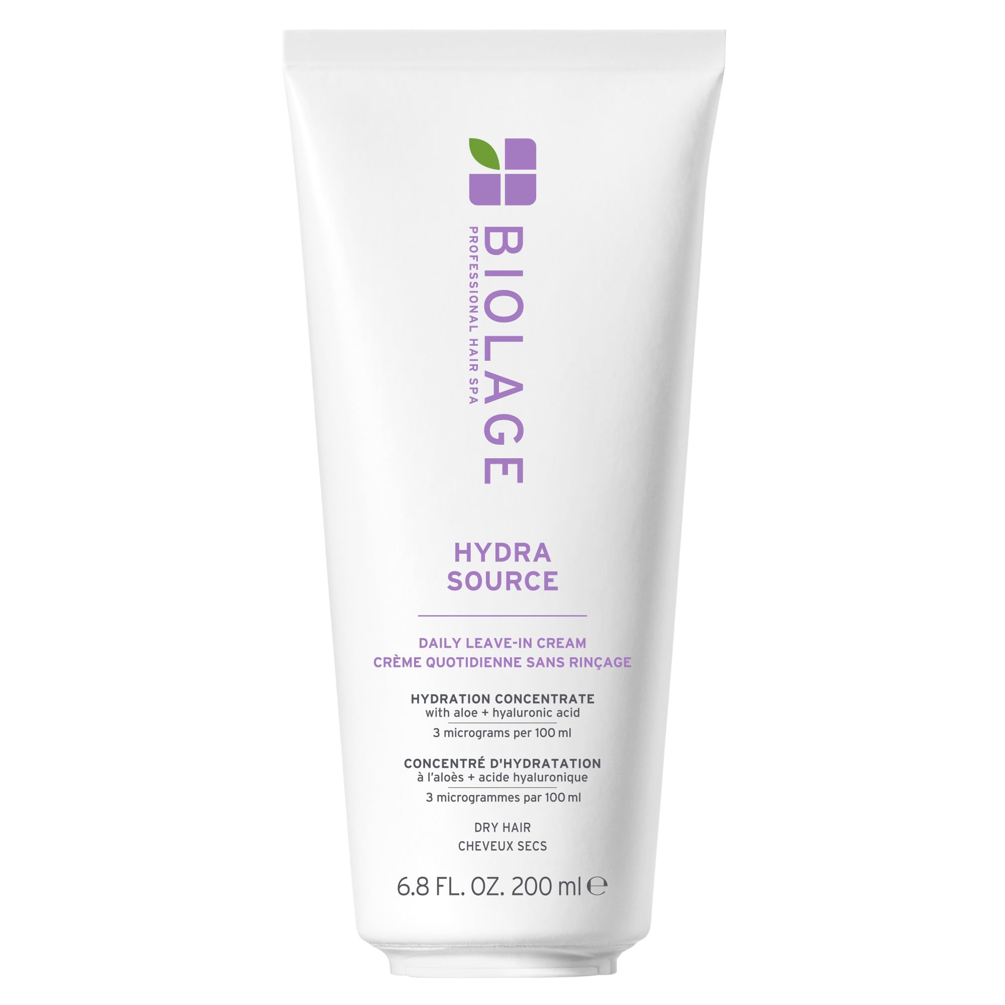 Biolage Hydra Source Leave-In Cream bottle demonstrates instant moisture for dry hair