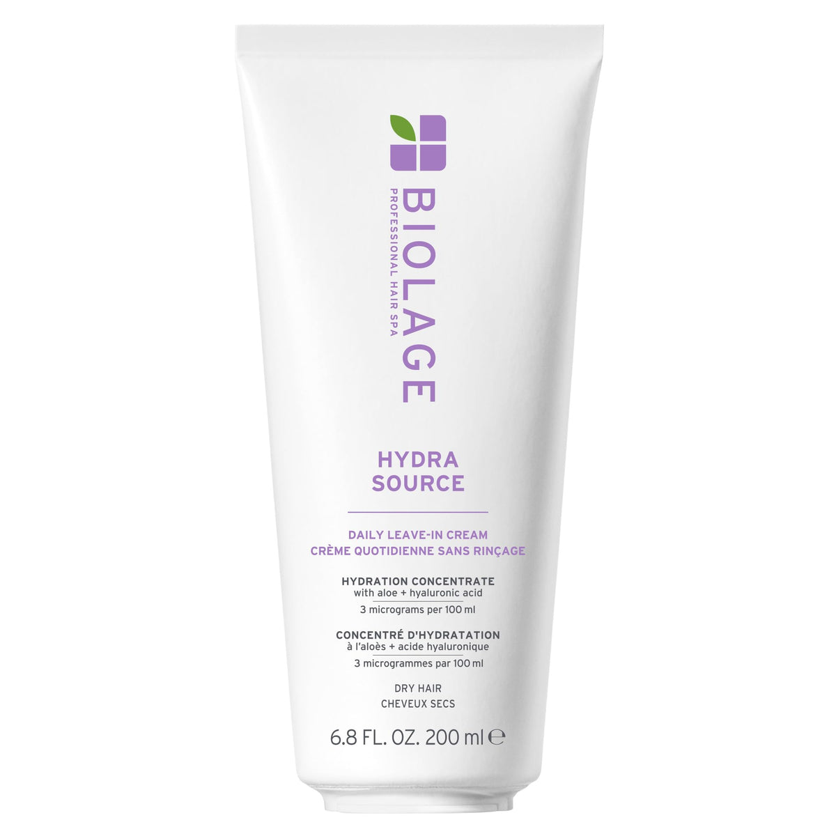 Biolage Hydra Source Leave-In Cream bottle demonstrates instant moisture for dry hair