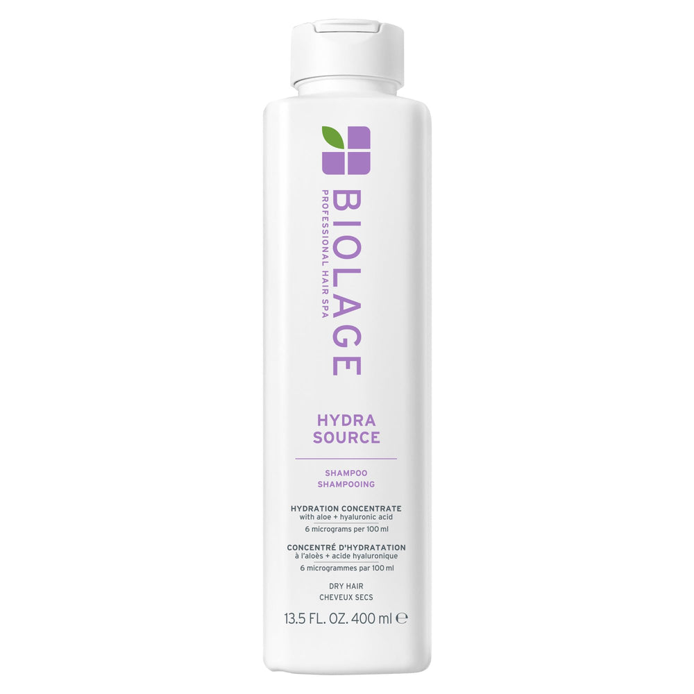 Biolage Hydra Source Shampoo bottle shows moisturizing formula for dry hair