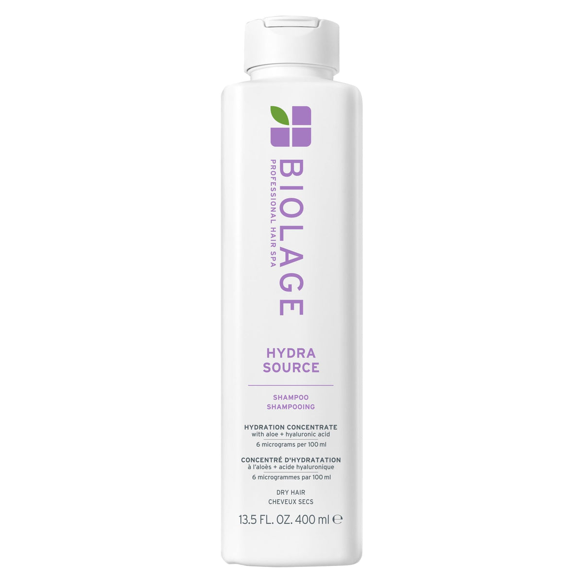 Biolage Hydra Source Shampoo bottle shows moisturizing formula for dry hair
