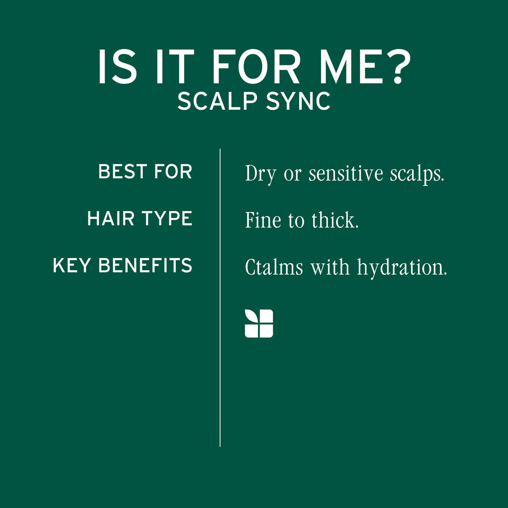 Biolage Scalp Sync Calming Shampoo pump bottle shown during massage for soothing scalp relief.