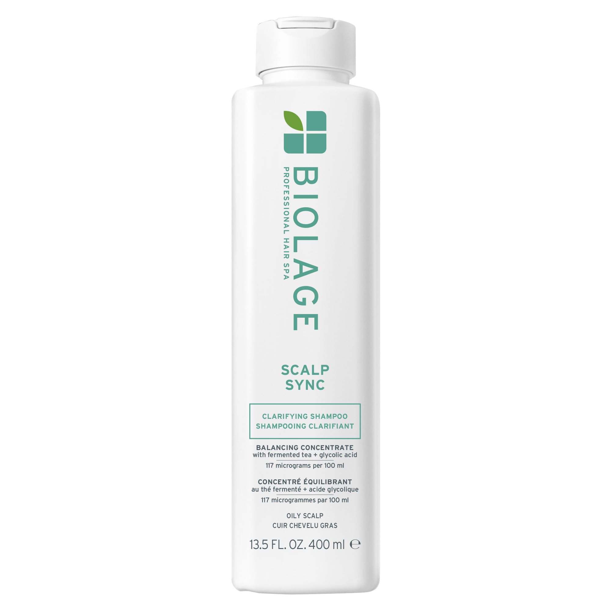 Biolage Scalp Sync bottle shows labeled formula that purifies scalp and reduces buildup