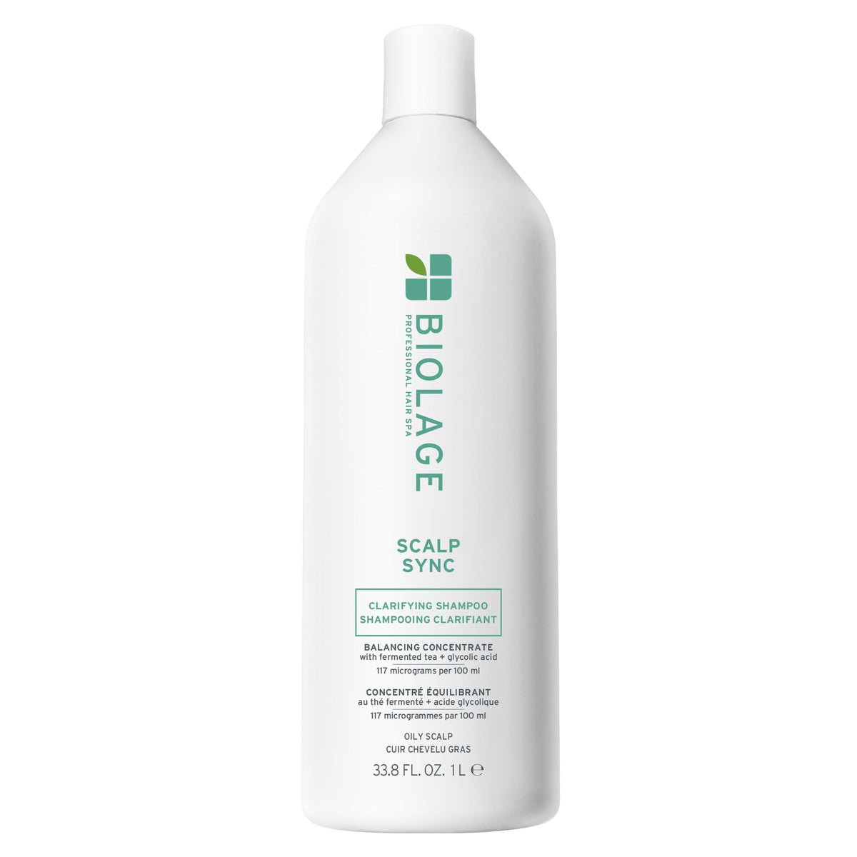 Biolage Scalp Sync Clarifying Shampoo bottle showing residue-free cleansing for refreshed hair.