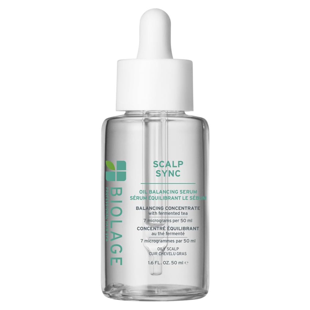 Biolage Scalp Sync oil-balancing serum bottle shown for oil control between washes.