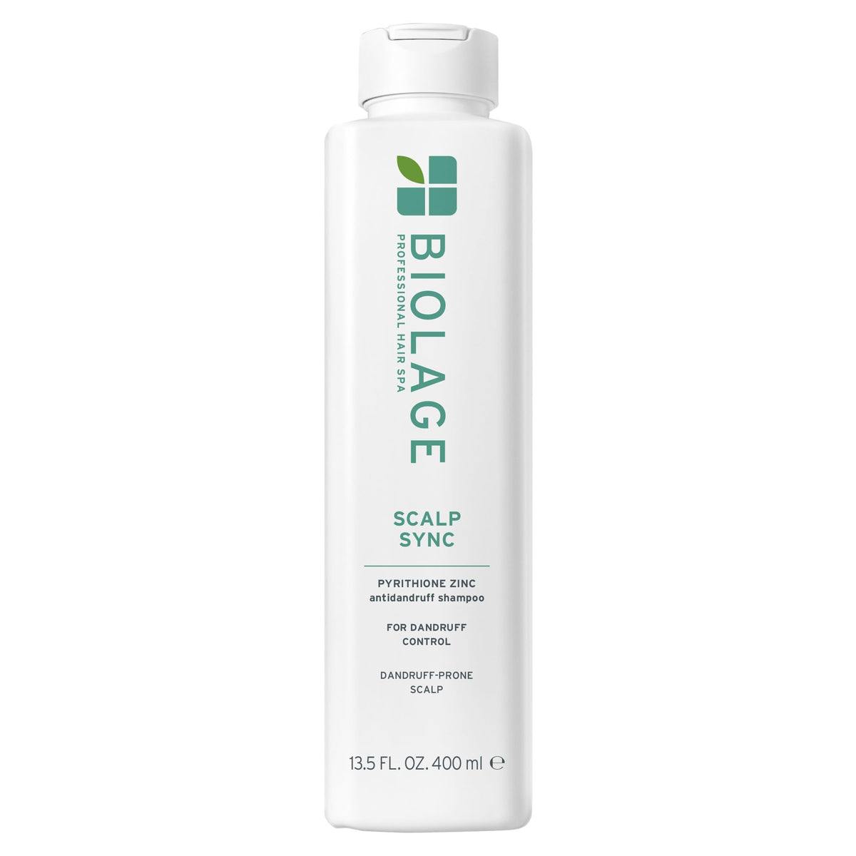 Biolage Scalp Sync shampoo bottle front highlighting zinc pyrithione for dandruff control.