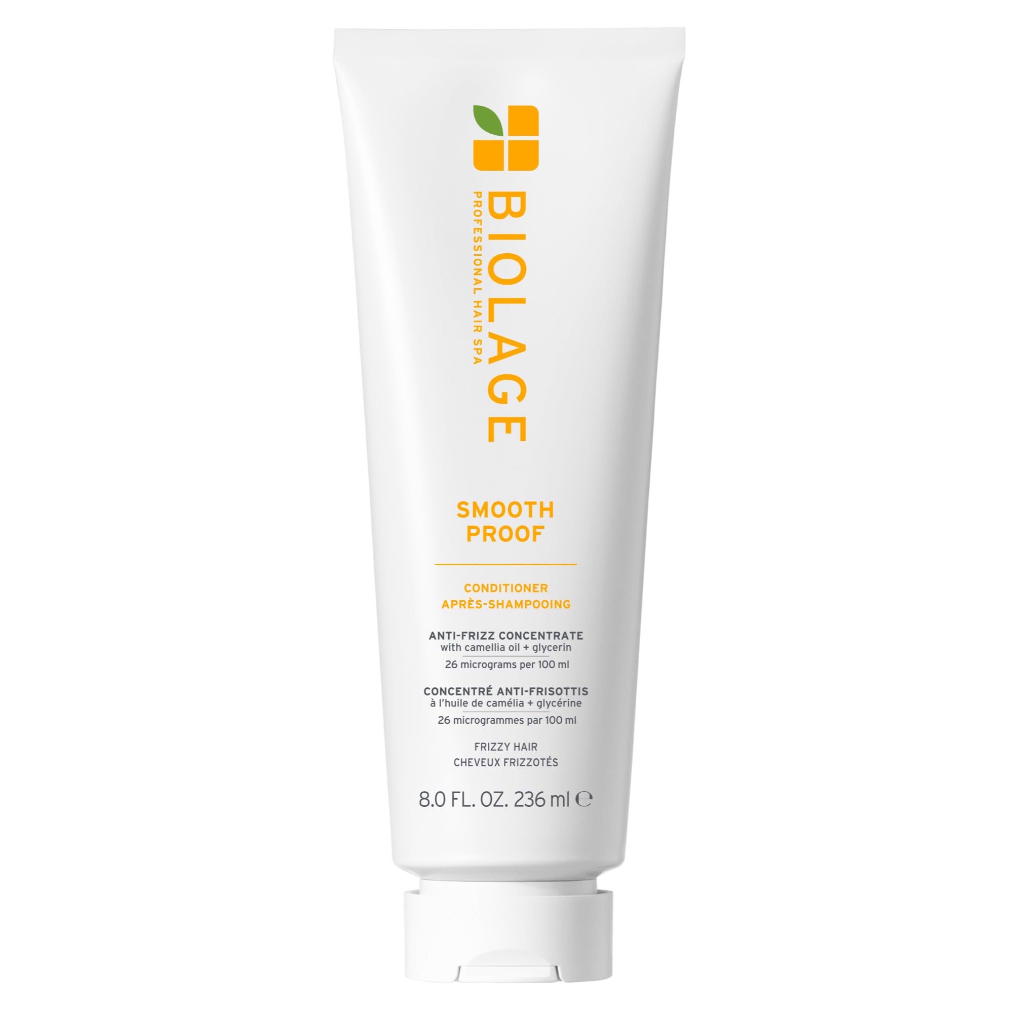 Biolage Smooth Proof Conditioner bottle pouring detangles frizzy hair.