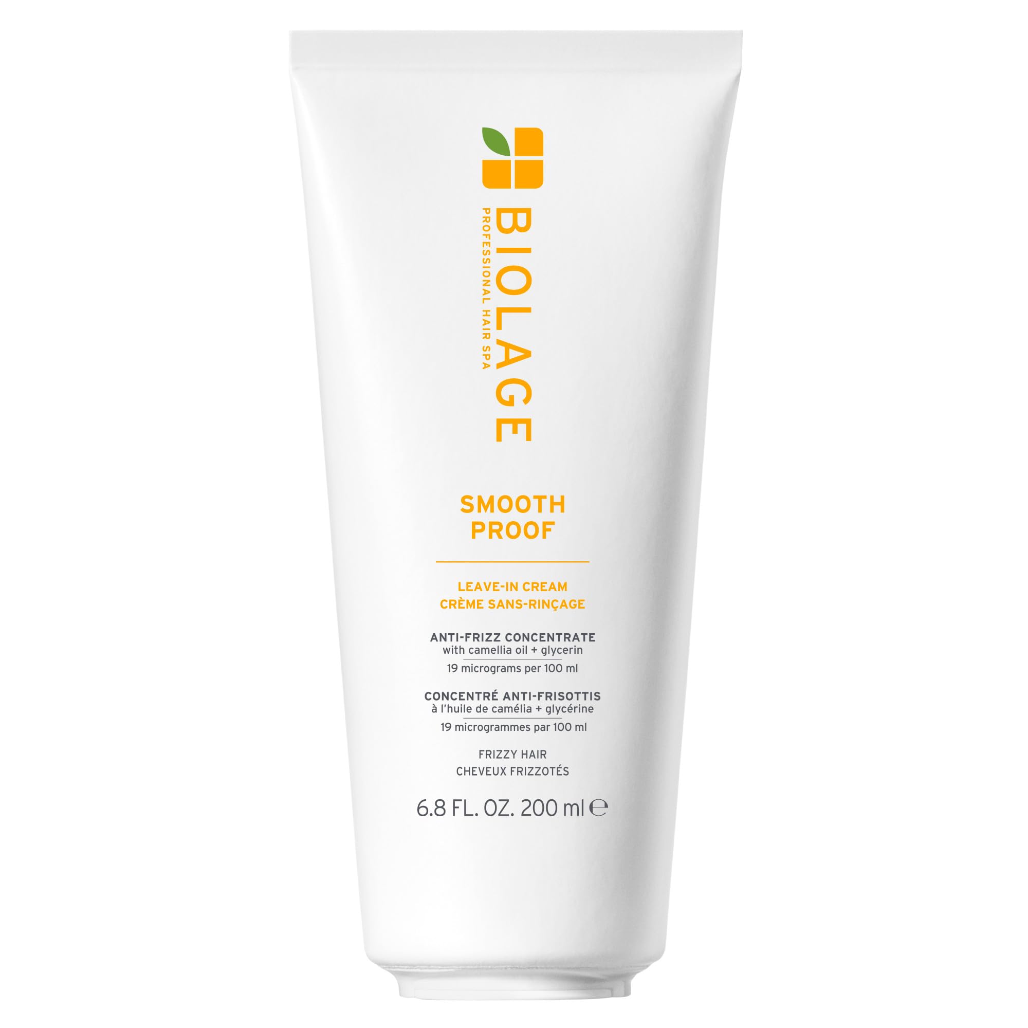 Biolage Smooth Proof Leave-In Cream bottle showing frizz control on damp hair.