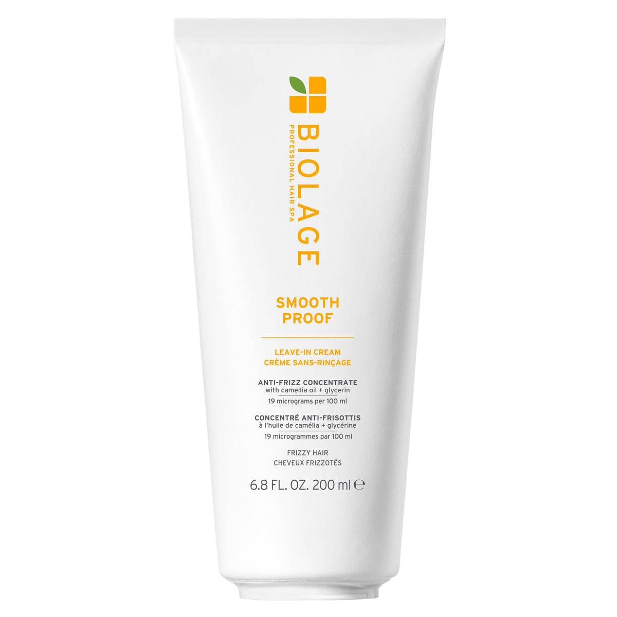 Biolage Smooth Proof Leave-In Cream bottle showing frizz control on damp hair.