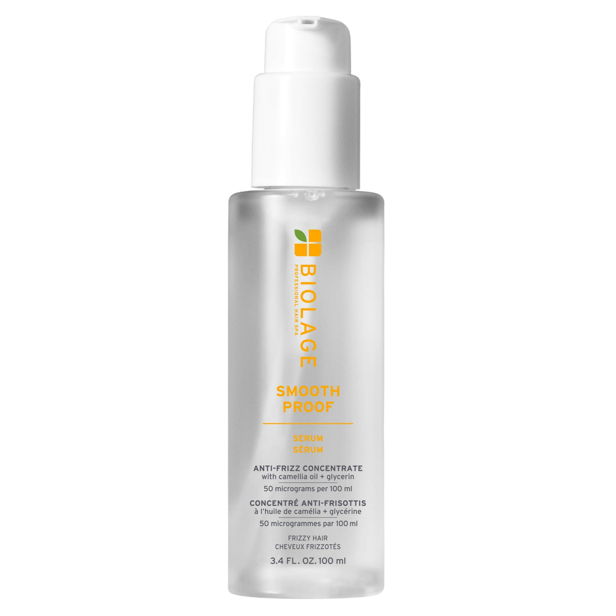 Biolage Smooth Proof Serum bottle with pump for easy application and frizz control.