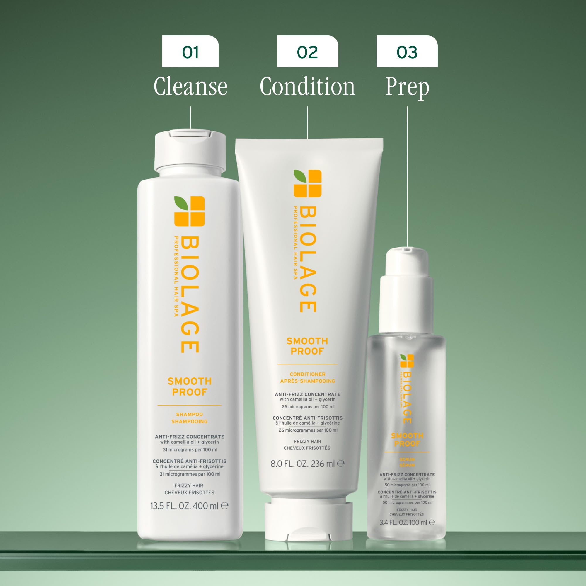 Camellia oil and glycerin micro-dosed formula shown with Biolage Smooth Proof Serum.