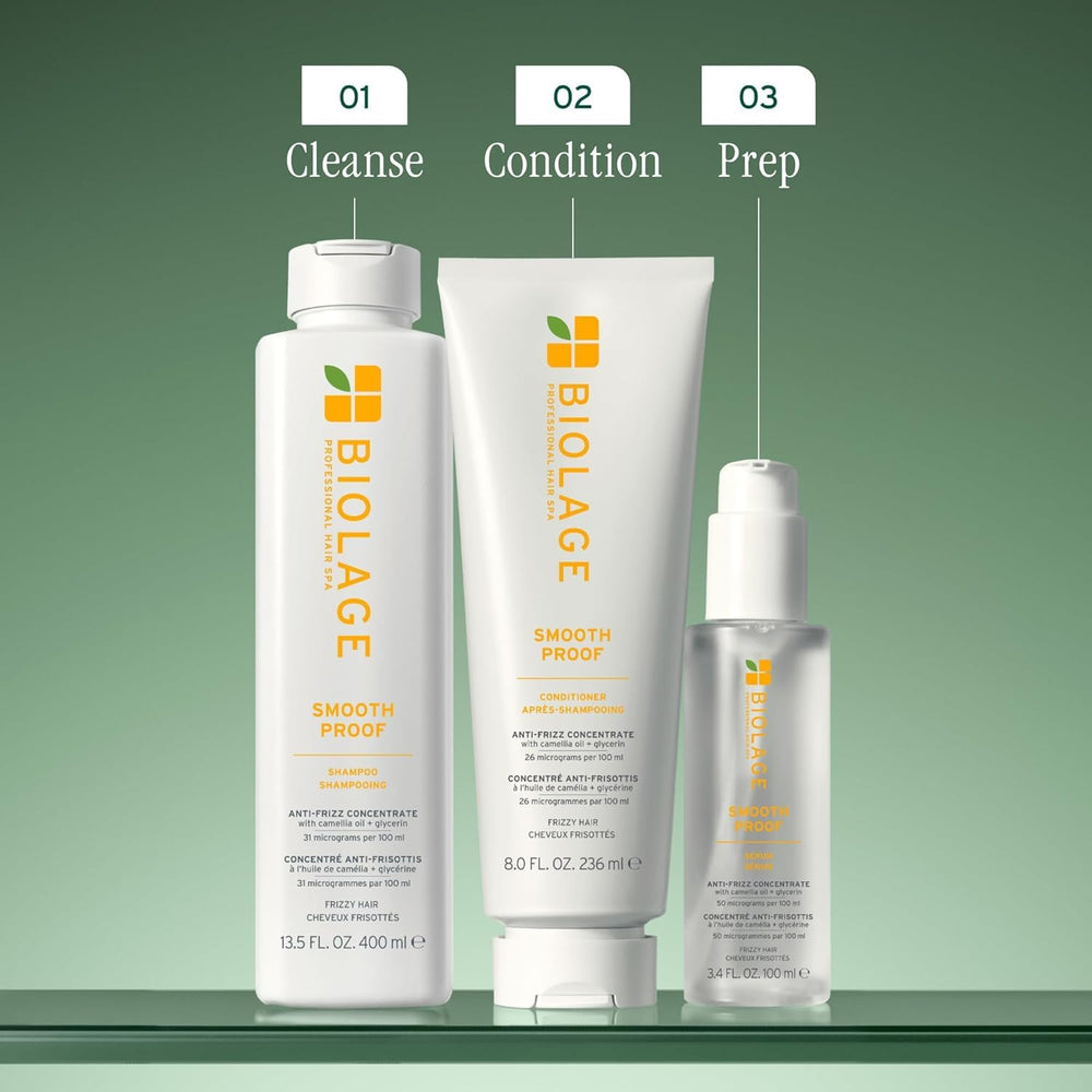 Biolage Smooth Proof Shampoo humidity-shield feature shown protecting hair shine