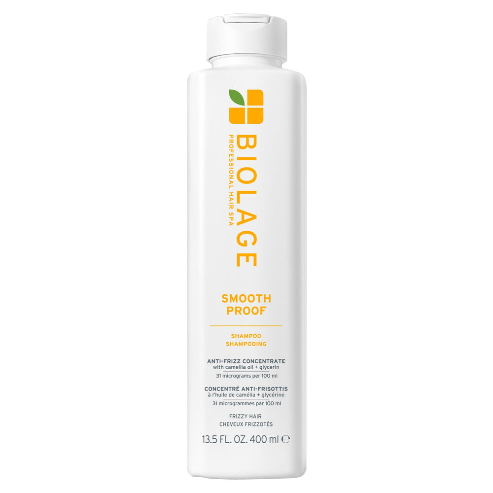 Biolage Smooth Proof Shampoo bottle offering frizz-control for sleek, manageable hair.