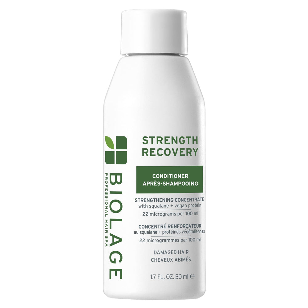 Biolage Strength Recovery bottle showing hydrated, stronger-feeling hair.