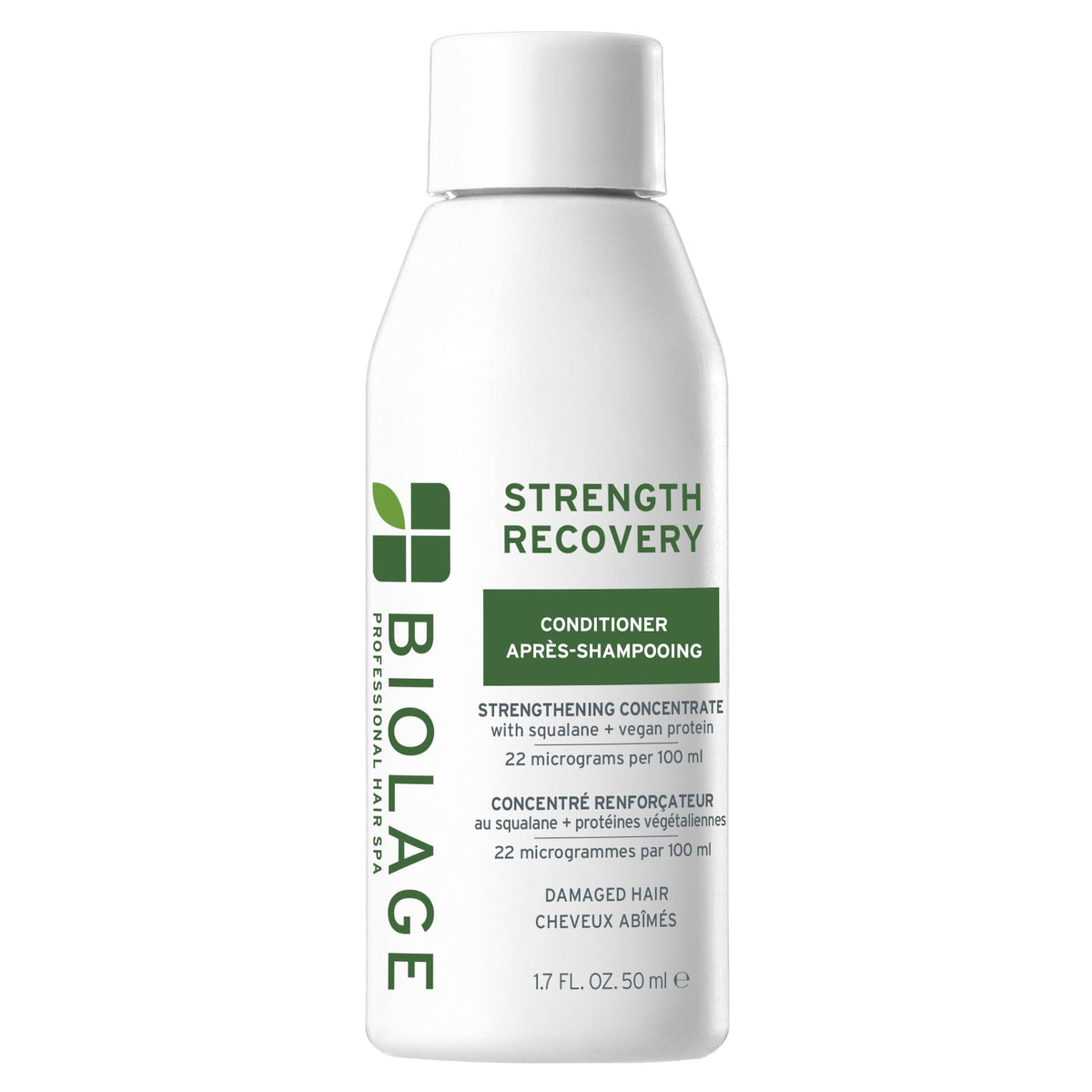 Biolage Strength Recovery bottle showing hydrated, stronger-feeling hair.