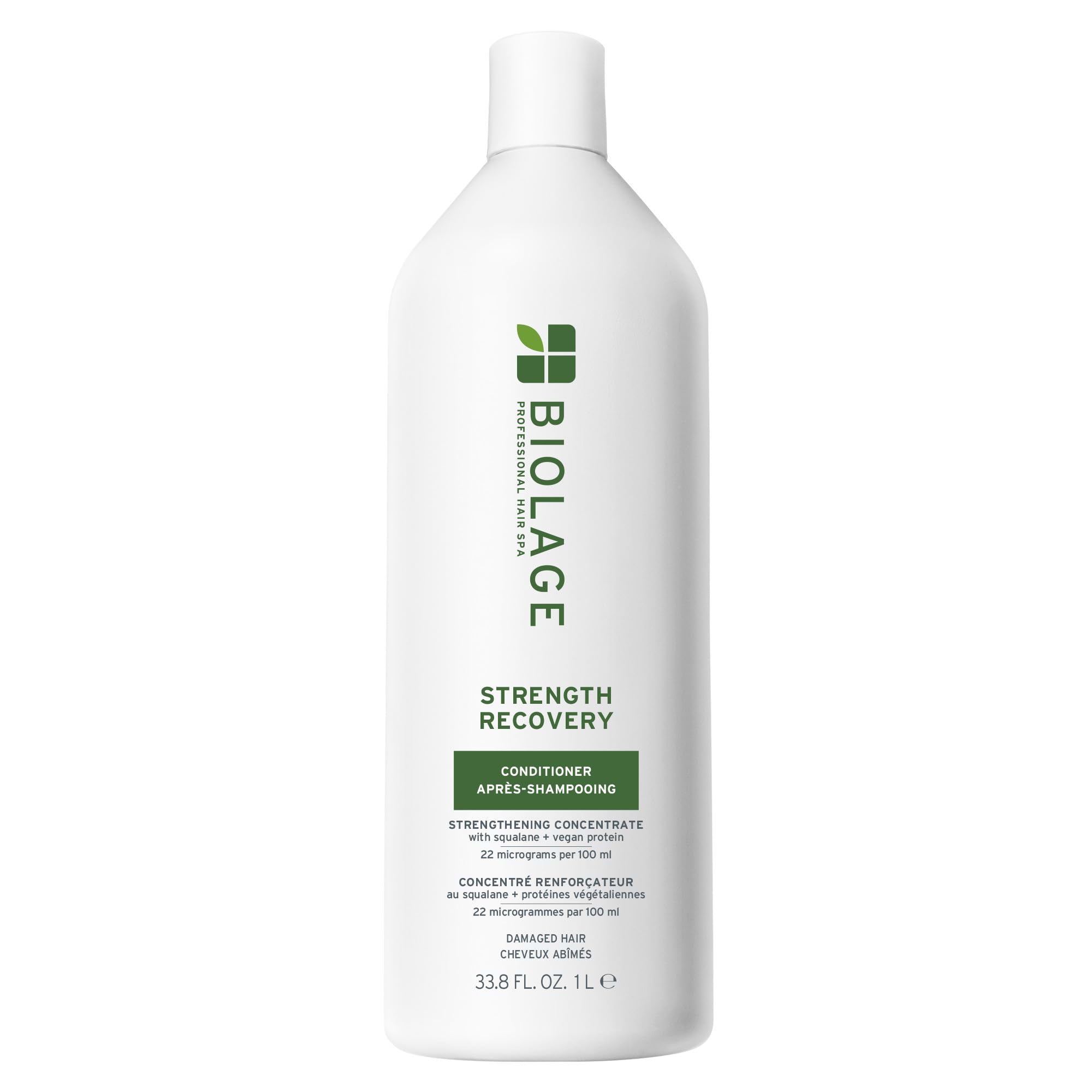Biolage Strength Recovery Conditioner bottle showing moisture and strength for damaged hair