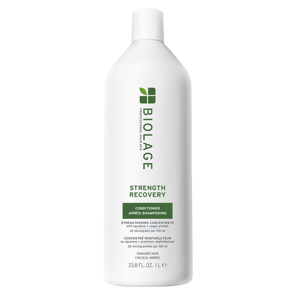 Biolage Strength Recovery Conditioner bottle showing moisture and strength for damaged hair