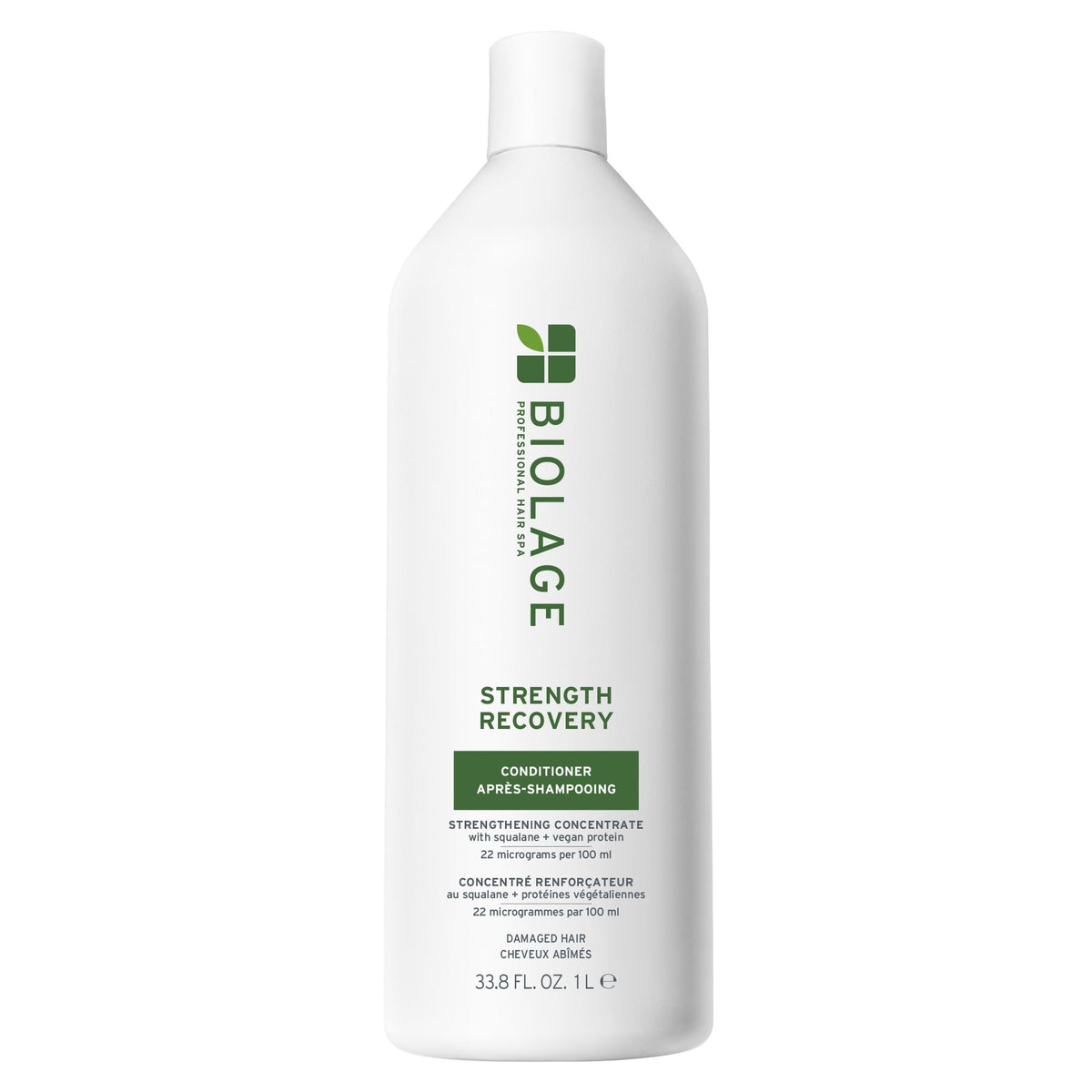 Biolage Strength Recovery Conditioner bottle showing moisture and strength for damaged hair