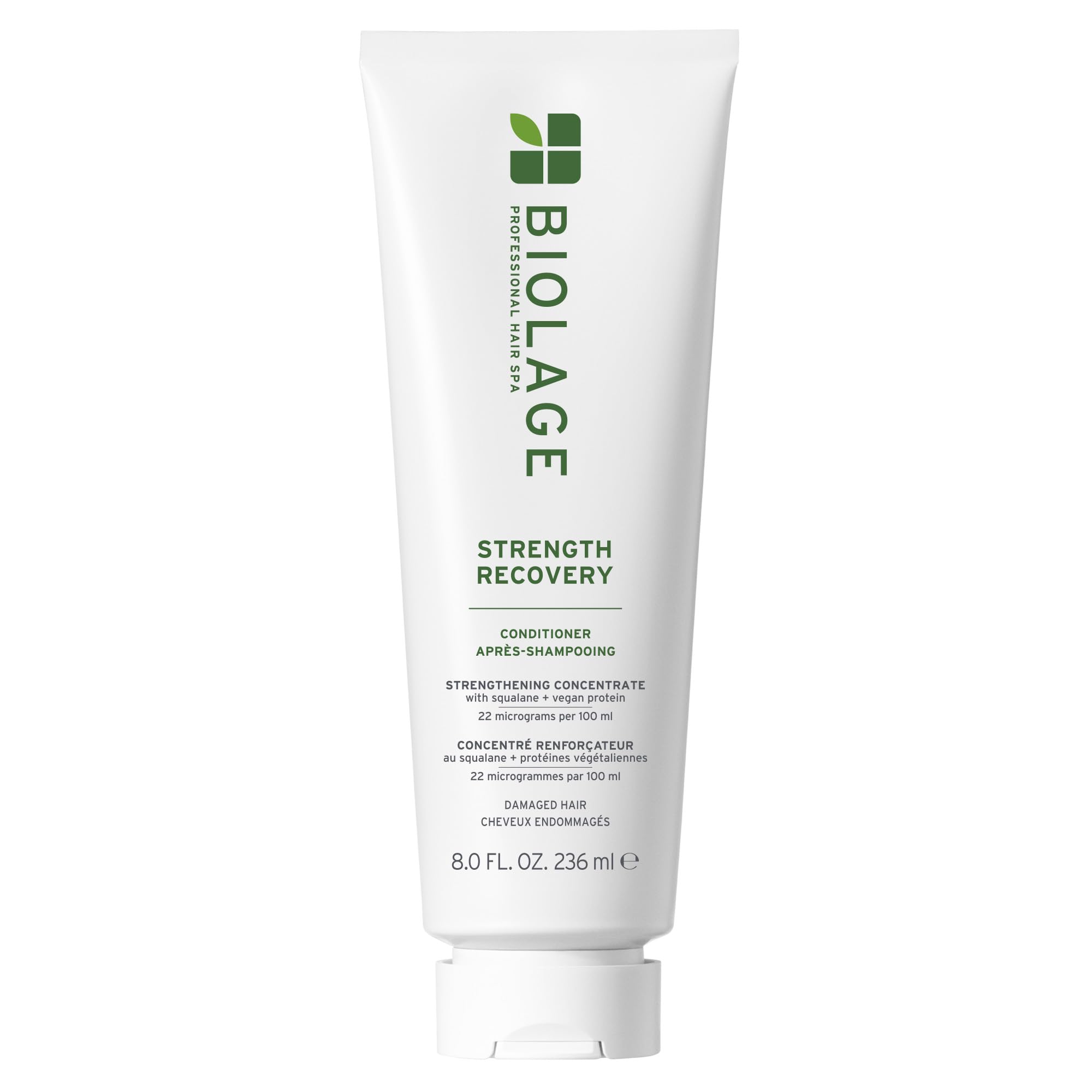 Biolage Strength Recovery Conditioner bottle highlighting the rich formula for healthier, more manageable hair