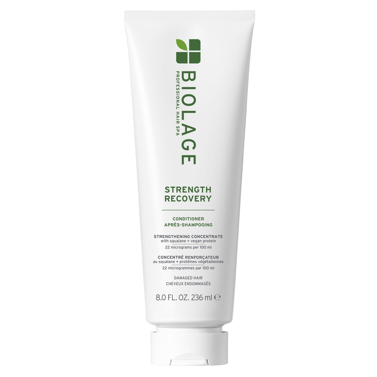 Biolage Strength Recovery Conditioner bottle highlighting the rich formula for healthier, more manageable hair